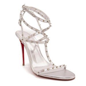 NEW $1095 Christian Louboutin Bombina Spikes Metallic Sandal in Silver 95mm